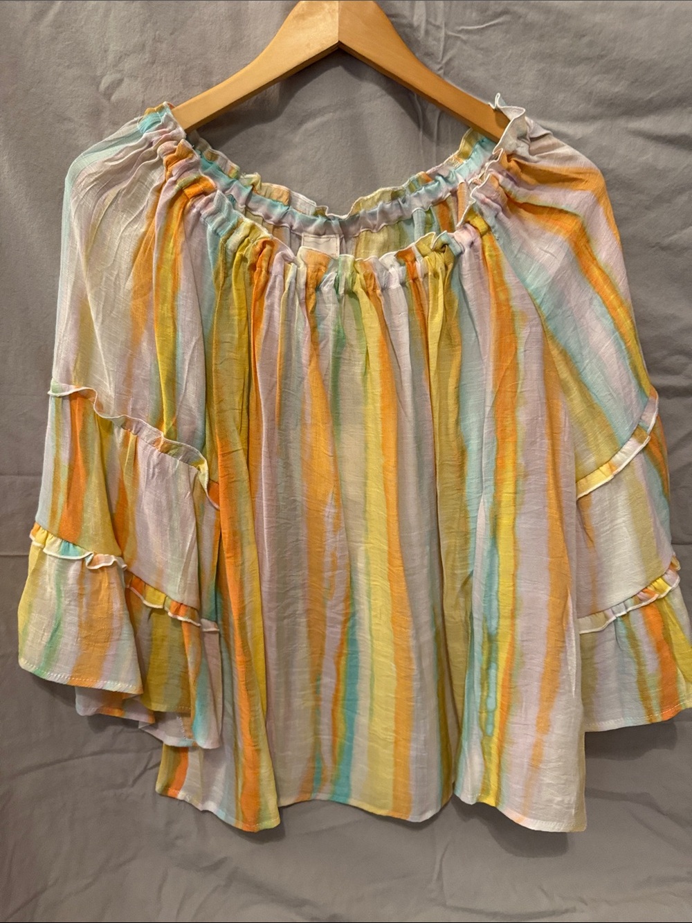 Zac & Rachel Pastel Stripe Off-Shoulder Ruffle Blouse
